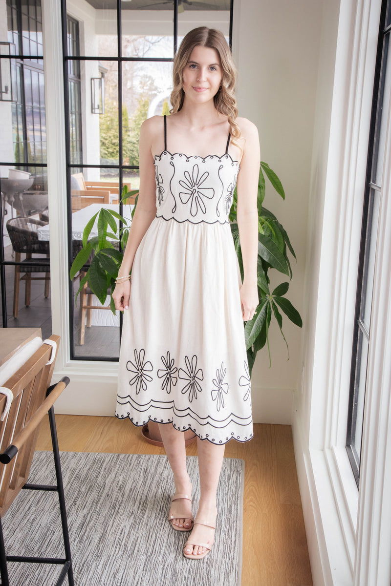 Ariana Embroidered Linen Midi Dress, Natural