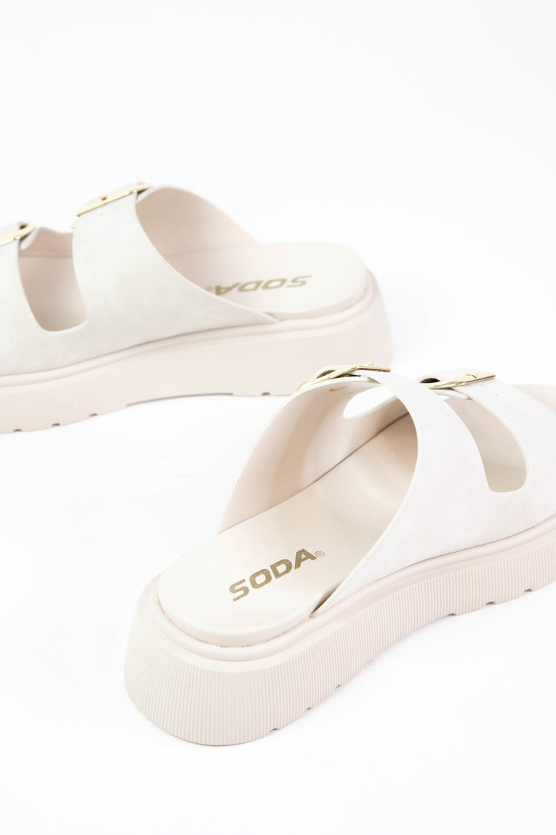 Uberta Double Buckle Sandal, Beige Nubuck