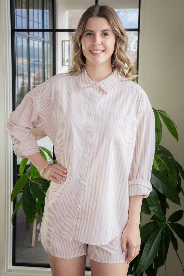 Allison Button Down Striped Shirt, Taupe