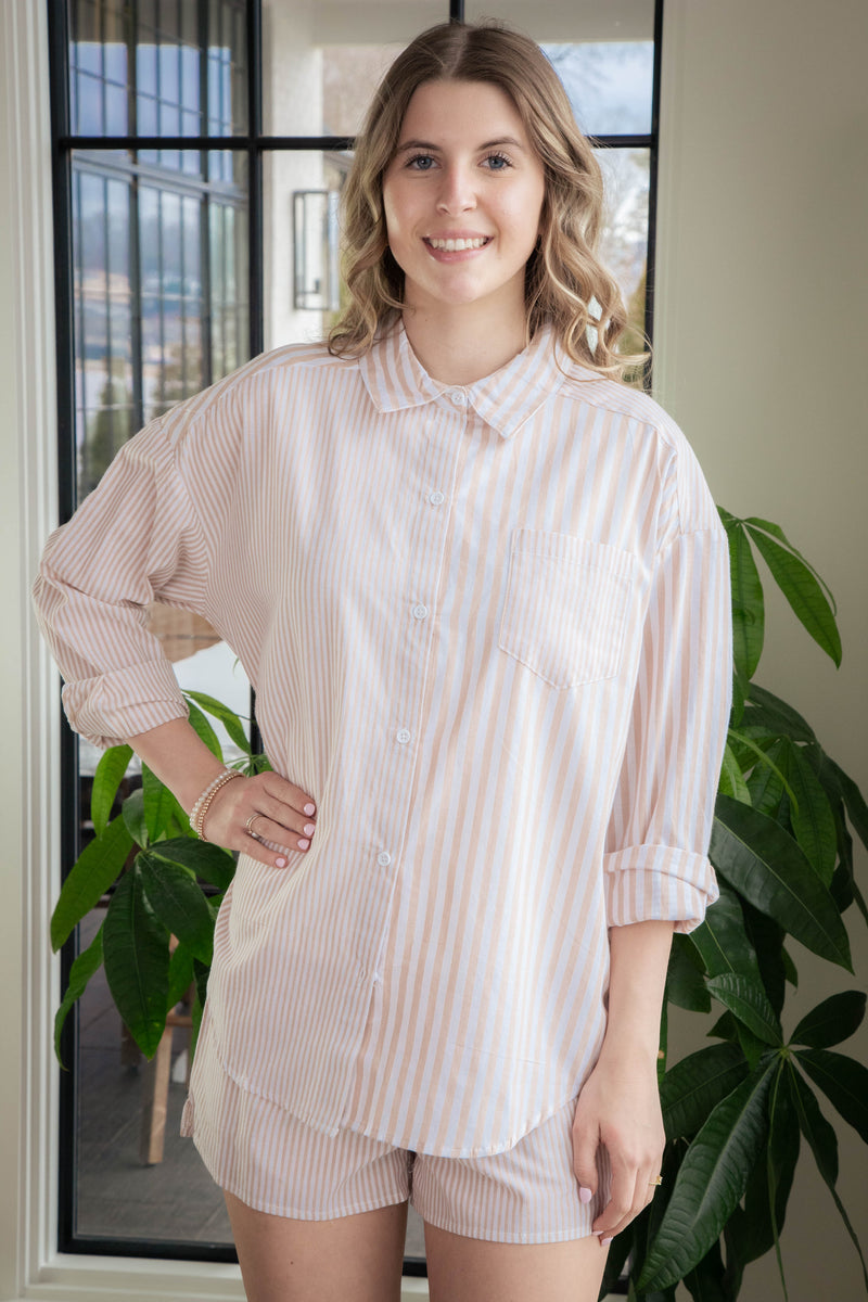 Allison Button Down Striped Shirt, Taupe