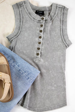 Lucy Washed Henley Tank Top, Grey