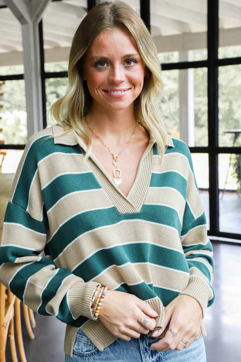 Kiley Striped Polo Sweater, Hunter Green