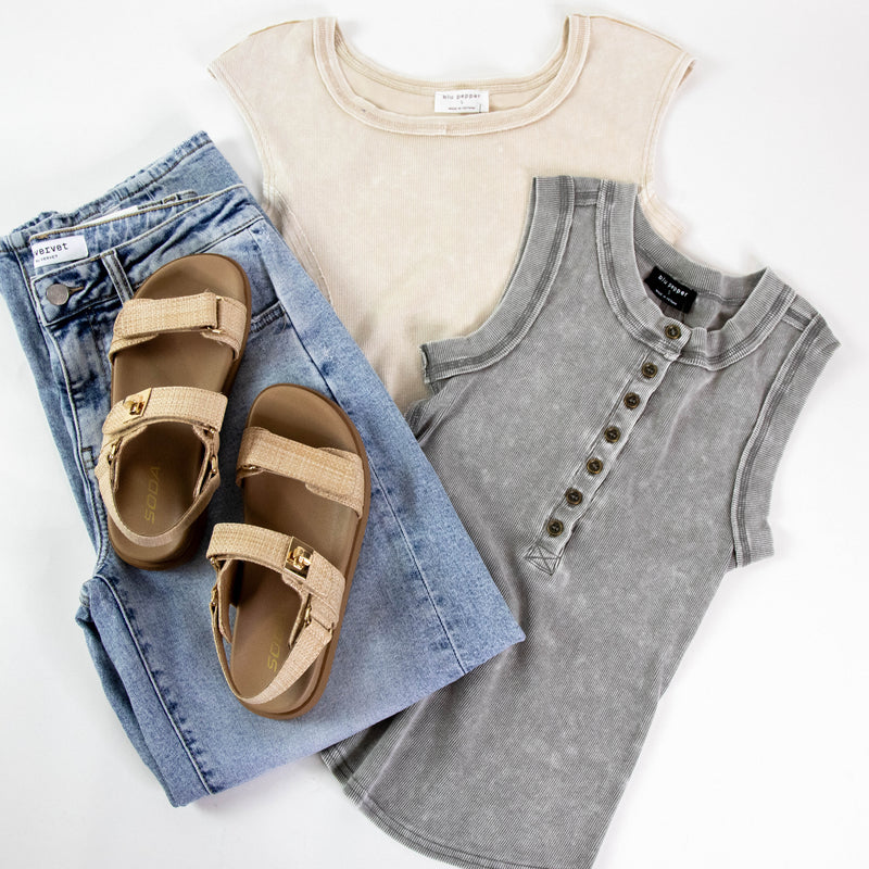 Lucy Washed Henley Tank Top, Grey