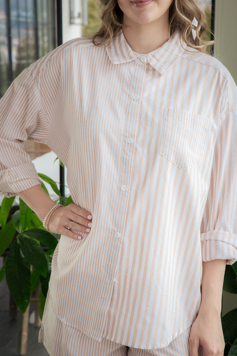 Allison Button Down Striped Shirt, Taupe