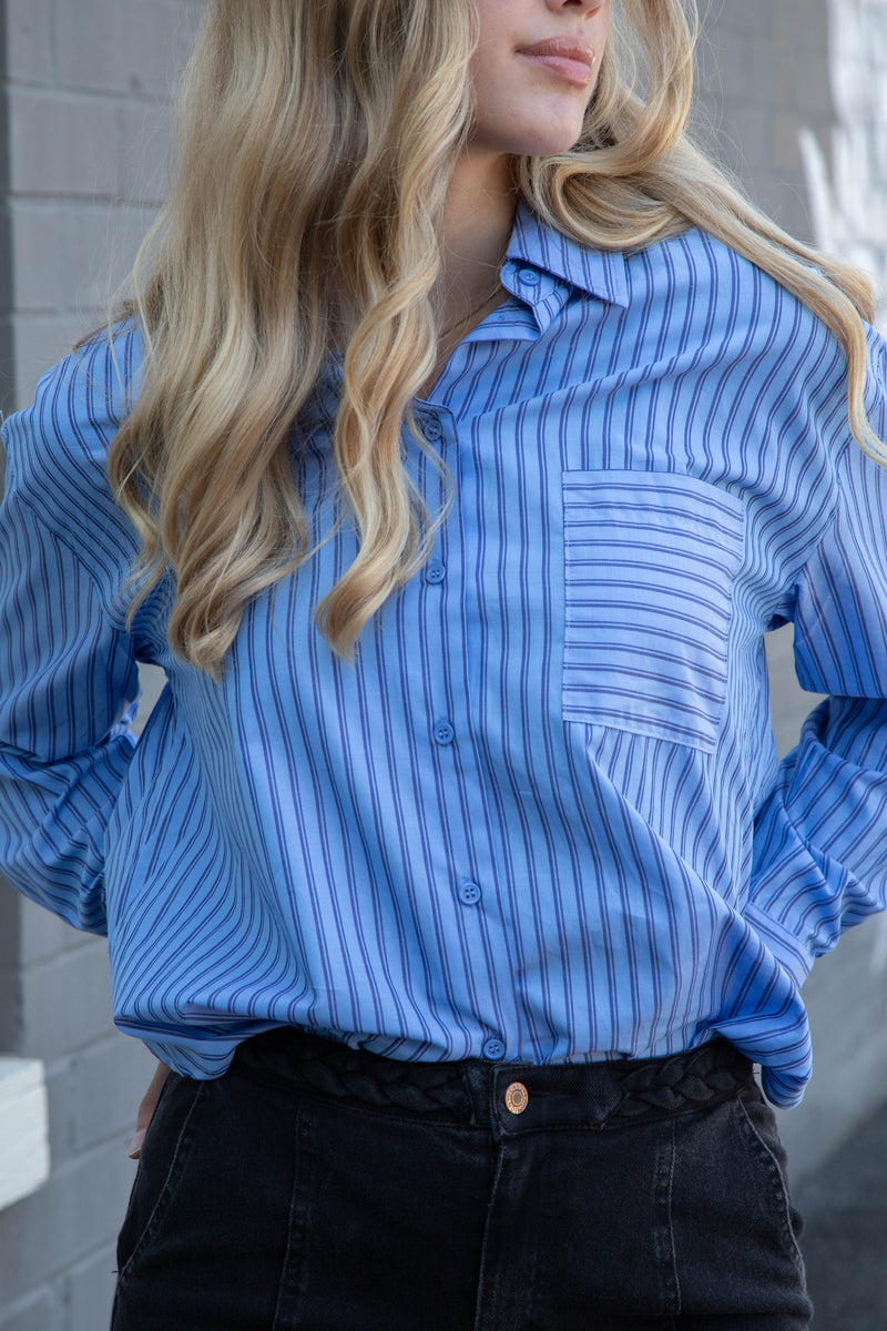 Ellen Pinstripe Button Down Shirt, Blue