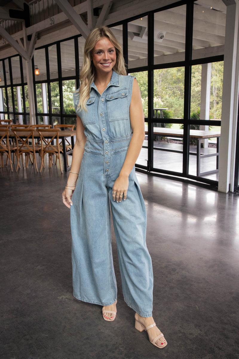 Shea Button Down Jumpsuit, Medium Wash