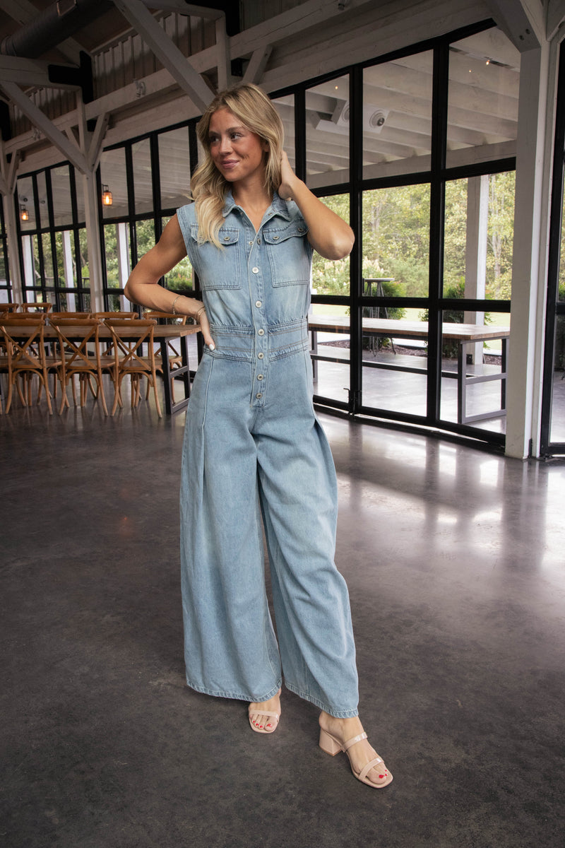 Shea Button Down Jumpsuit, Medium Wash