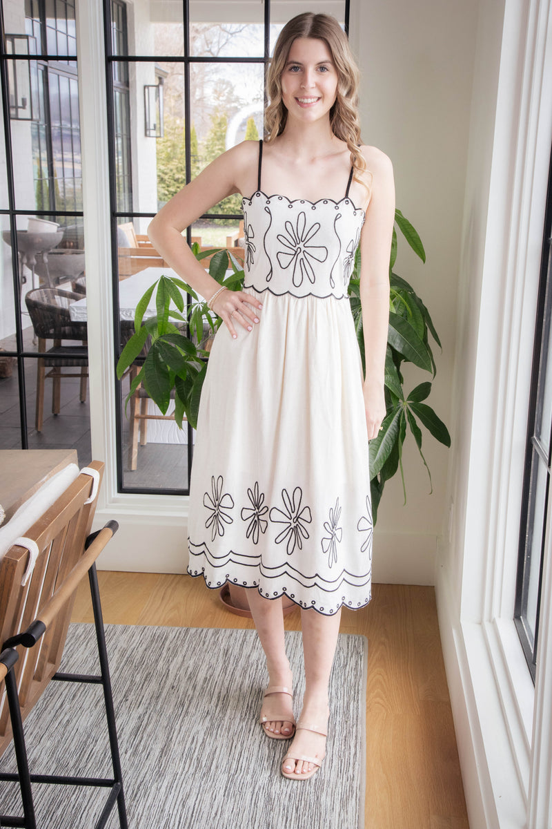 Ariana Embroidered Linen Midi Dress, Natural