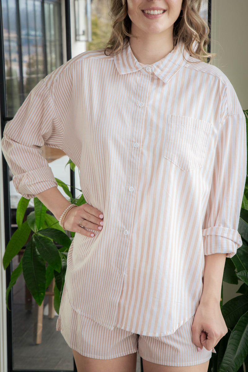 Allison Button Down Striped Shirt, Taupe