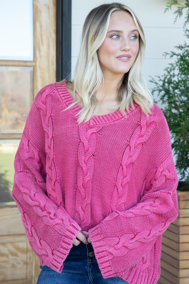 Ria Cable Knit V-Neck Sweater, Pink