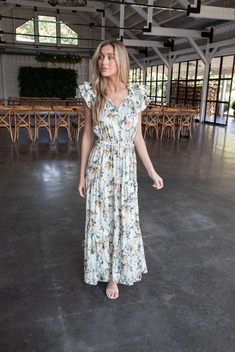 Aimee Cap Sleeve Maxi Dress, Cream Floral