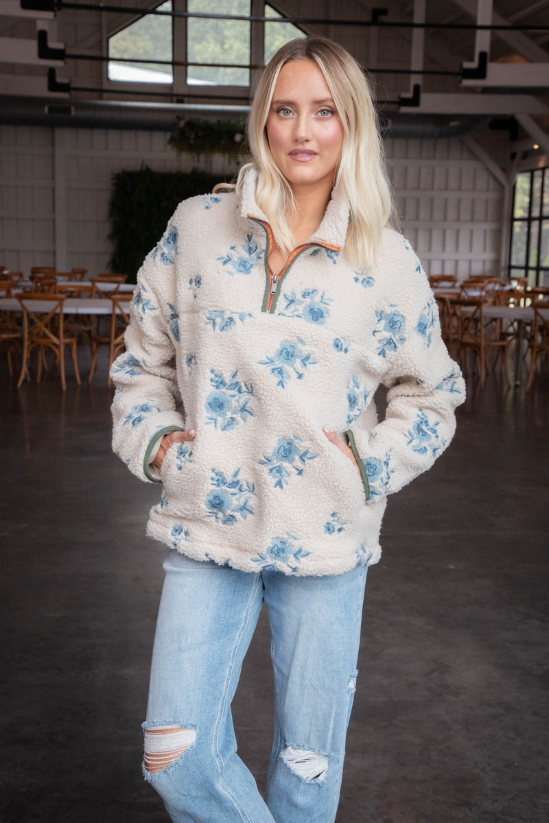 Elin Embroidered Sherpa Pullover, Cream | RD Style