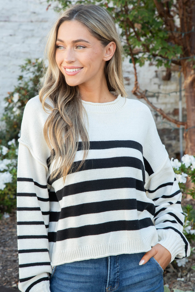 Collins Stripe Roll Neck Sweater, White/Black