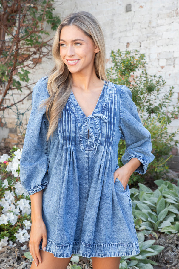 Mallorie Pleated Denim Romper, Medium Wash