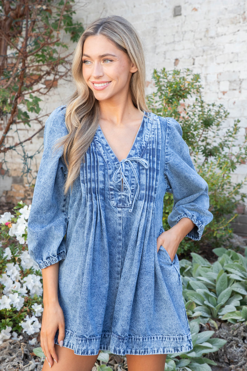 Mallorie Pleated Denim Romper, Medium Wash