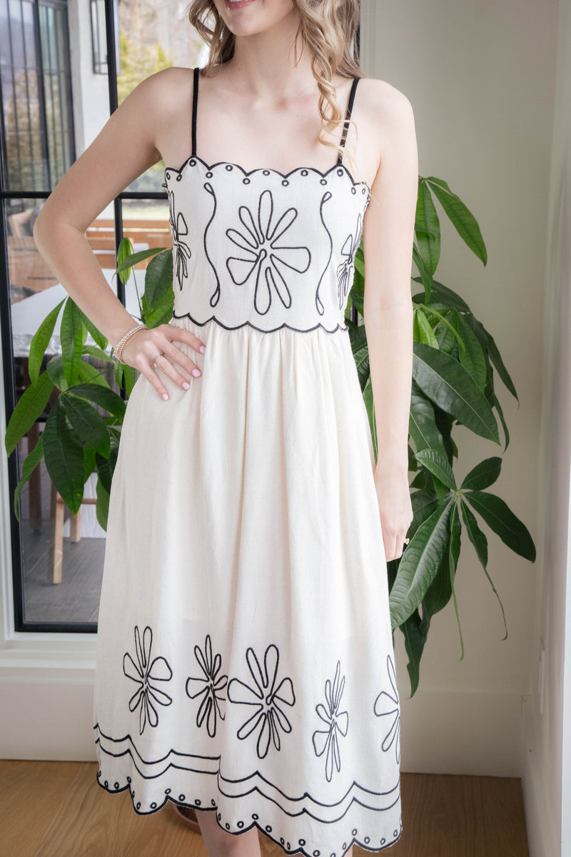 Ariana Embroidered Linen Midi Dress, Natural