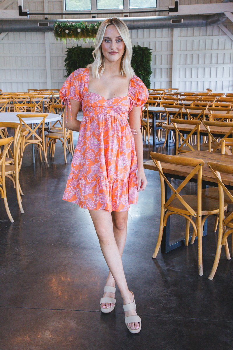 Sierra Printed Babydoll Dress, Orange