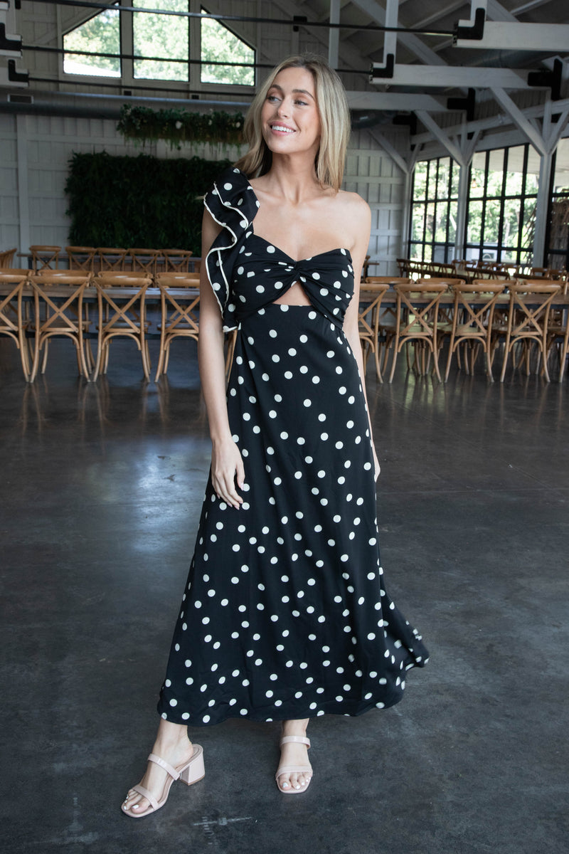 Virginia One Shoulder Polka Dot Dress, Black