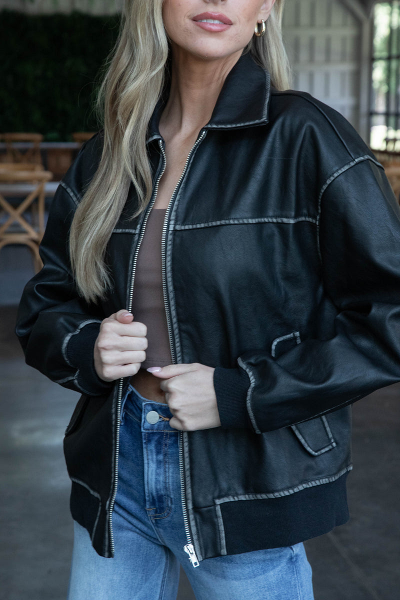 Yasmin Faux Leather Bomber Jacket, Black