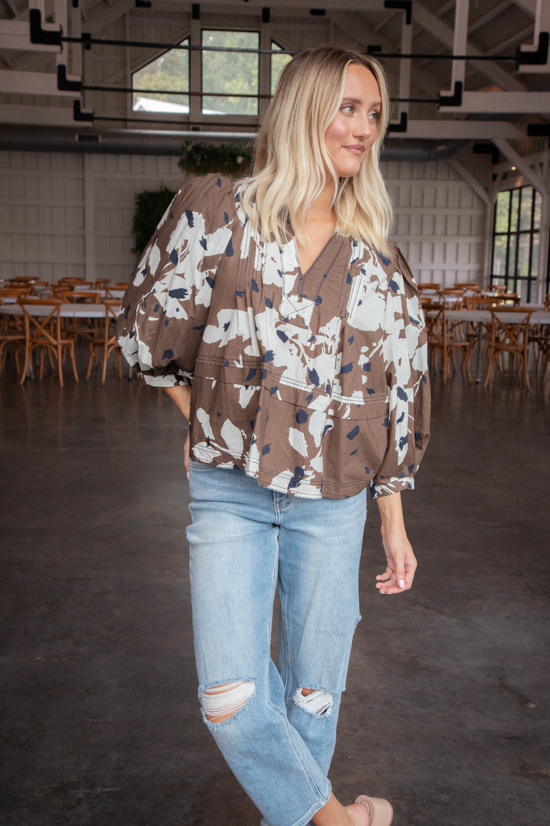 Oaklyn Printed Pintuck Blouse, Espresso