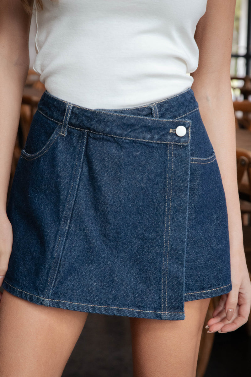 Kenzi Asymmetrical Denim Skort, Dark Denim