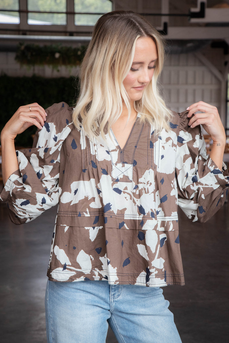 Oaklyn Printed Pintuck Blouse, Espresso