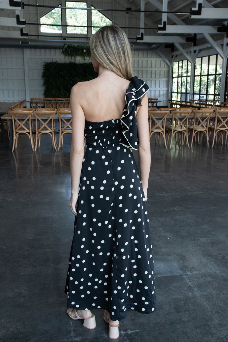 Virginia One Shoulder Polka Dot Dress, Black