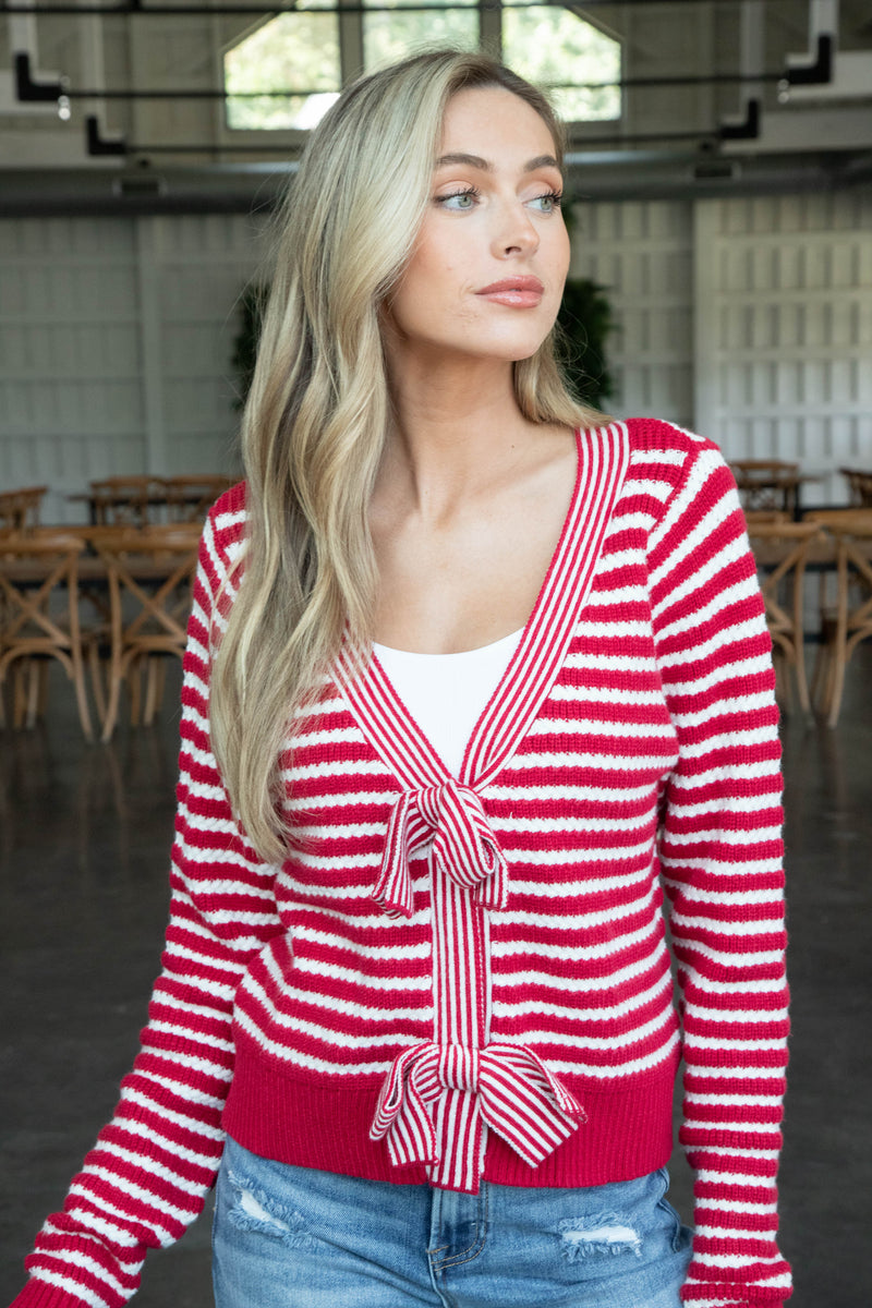 Milan Striped Bow Front Cardigan, Red