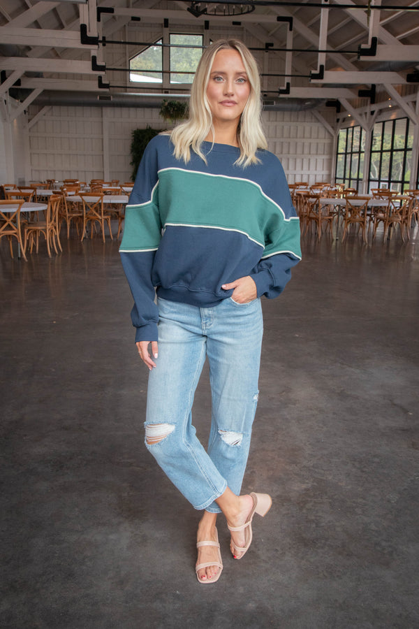 Luisa Colorblock Stripe Sweatshirt, Navy