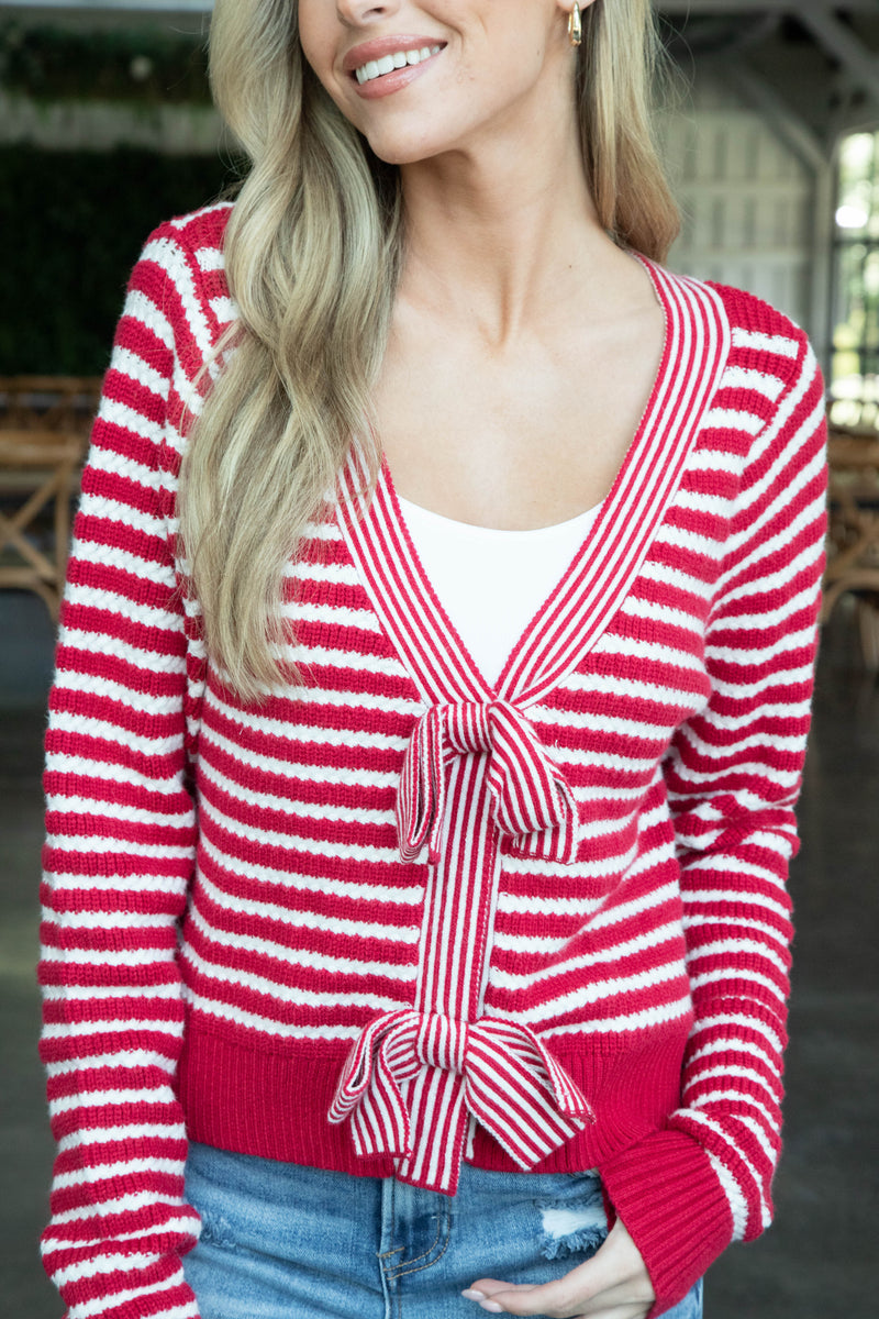 Milan Striped Bow Front Cardigan, Red