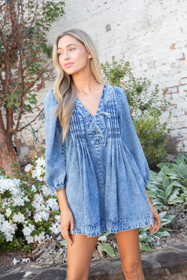 Mallorie Pleated Denim Romper, Medium Wash