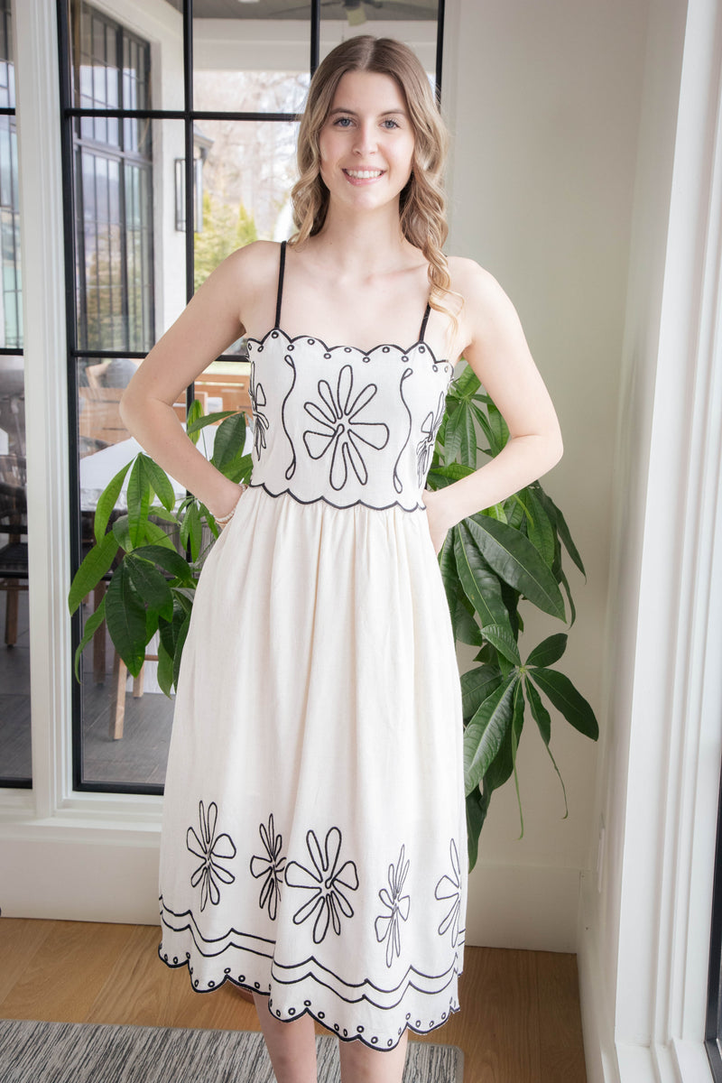 Ariana Embroidered Linen Midi Dress, Natural