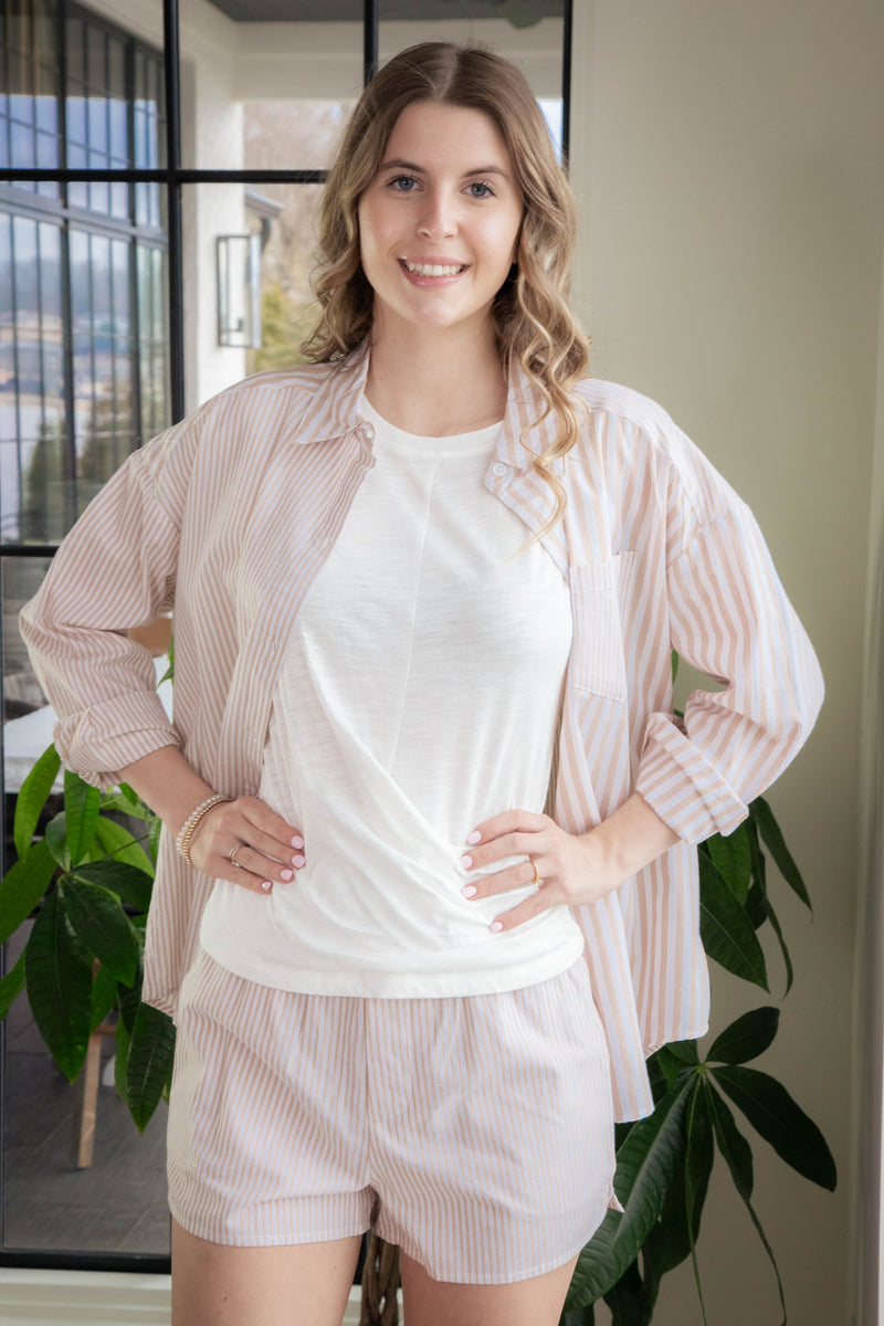 Allison Button Down Striped Shirt, Taupe