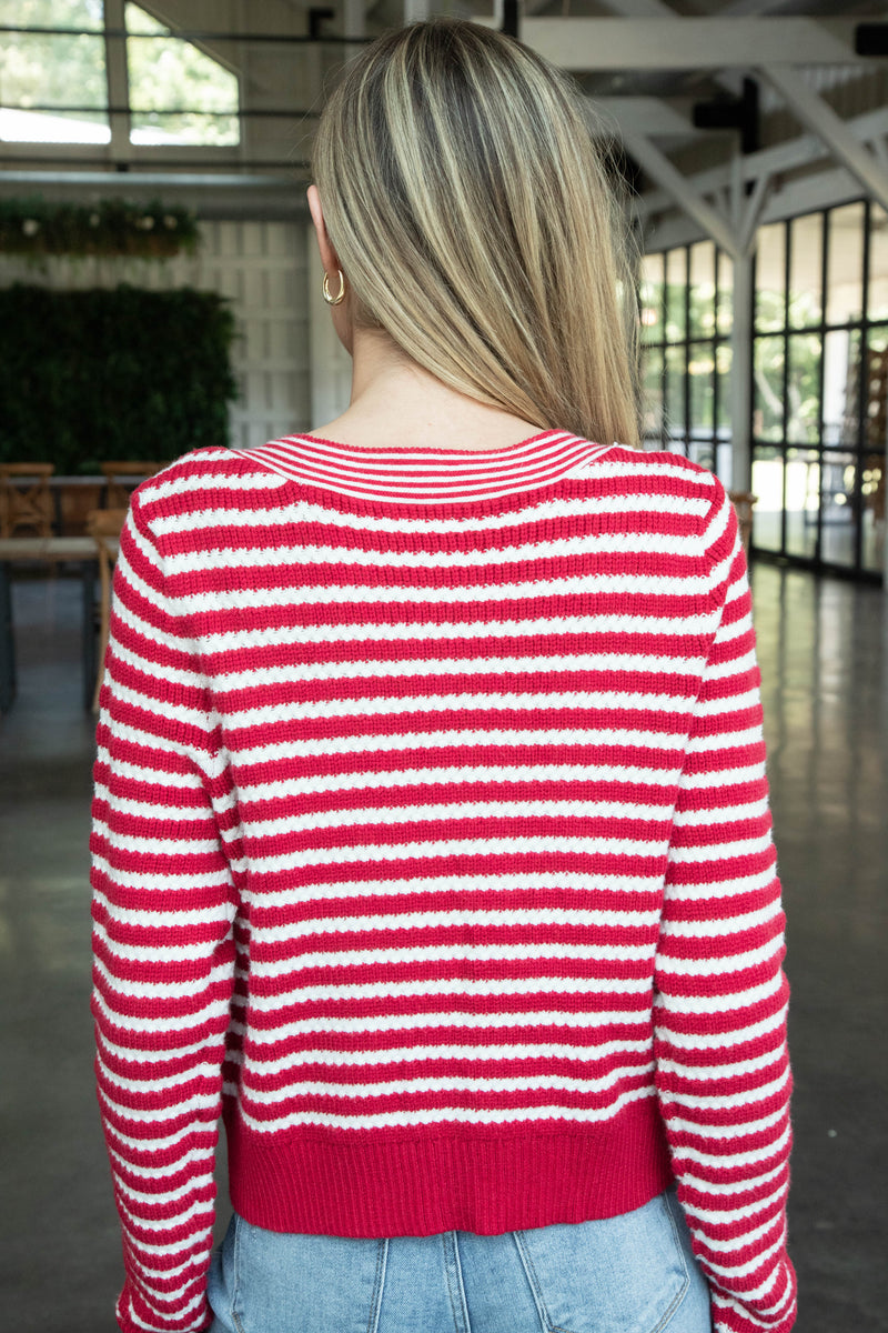 Milan Striped Bow Front Cardigan, Red