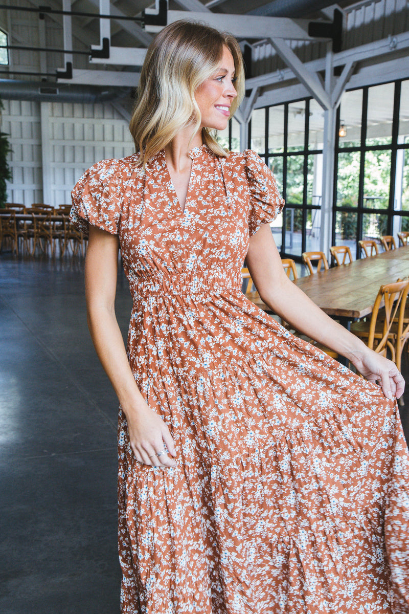 Emelia Puff Sleeve Floral Dress, Chestnut