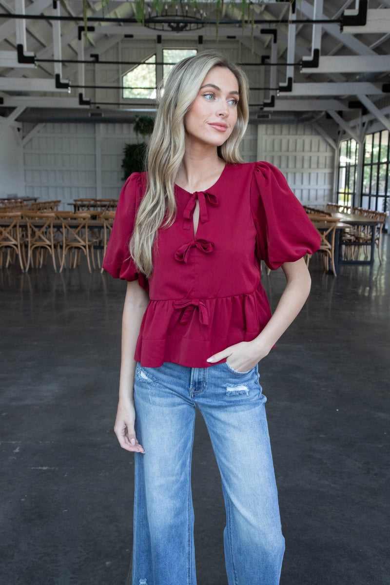 Oaklynn Puff Sleeve Peplum Top, Burgundy