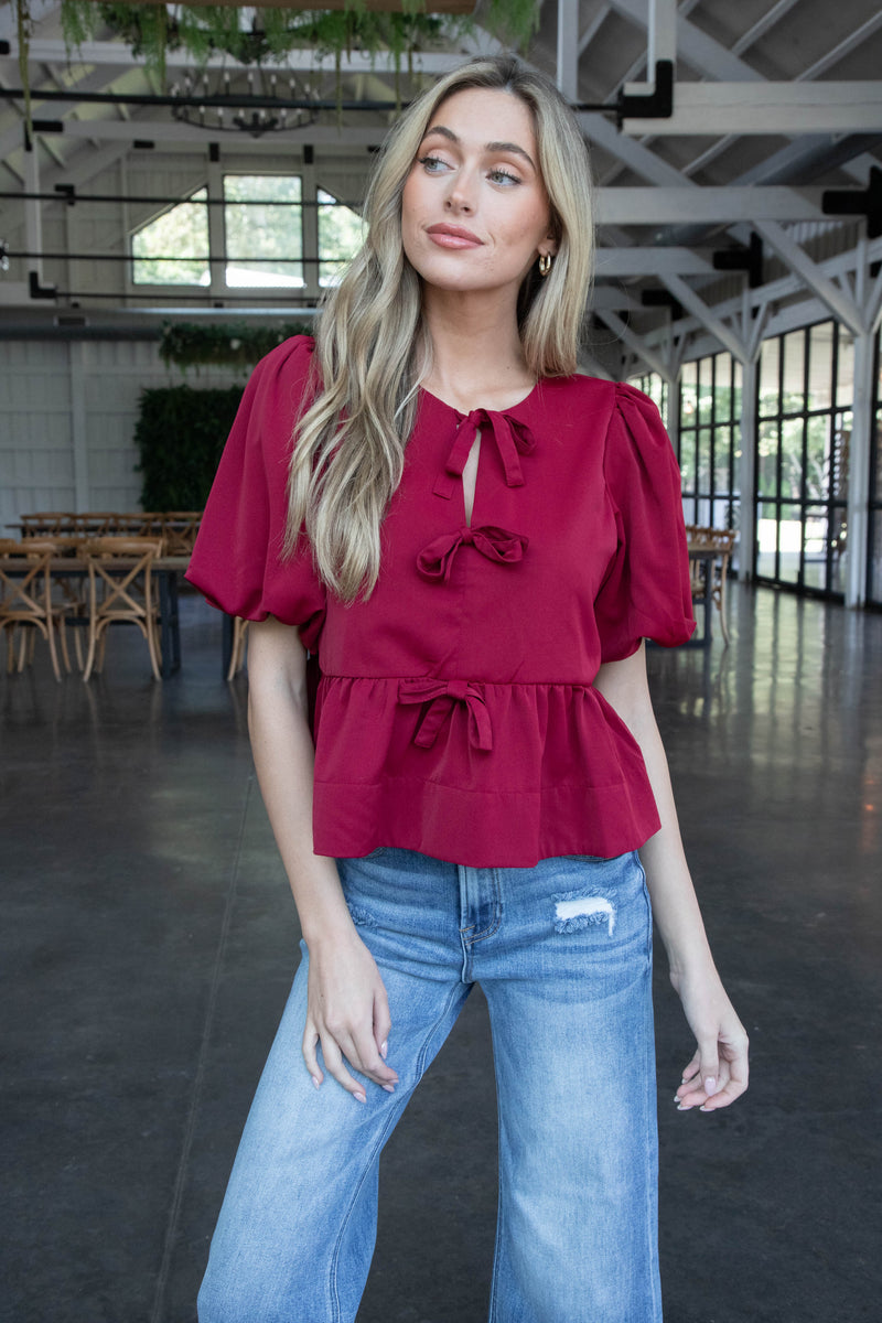 Oaklynn Puff Sleeve Peplum Top, Burgundy