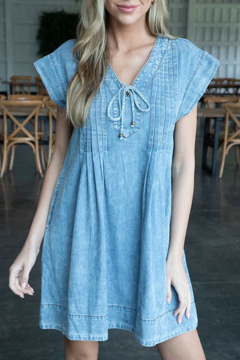 Dani Pintuck Tie Neck Dress, Denim Blue