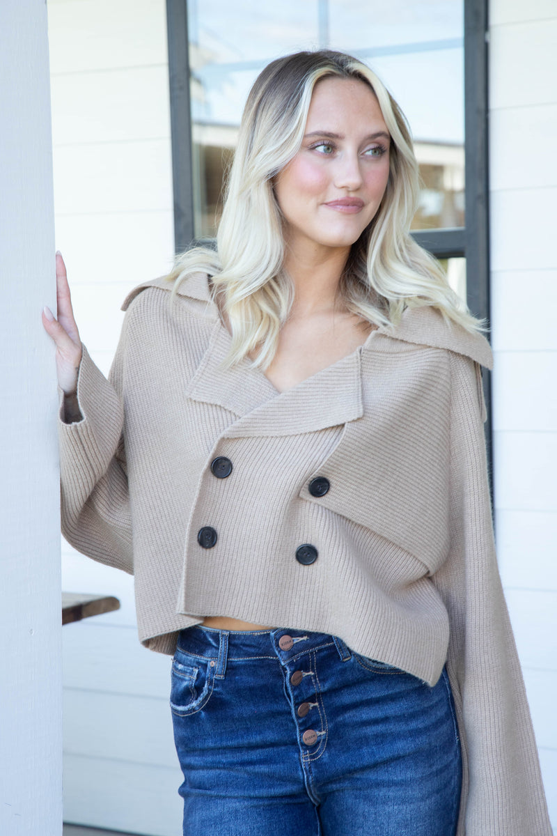 Lacy Trench Sweater Jacket, Taupe