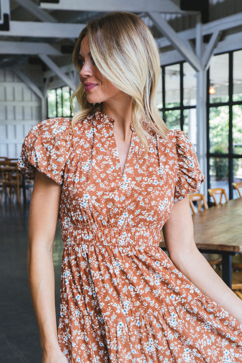 Emelia Puff Sleeve Floral Dress, Chestnut