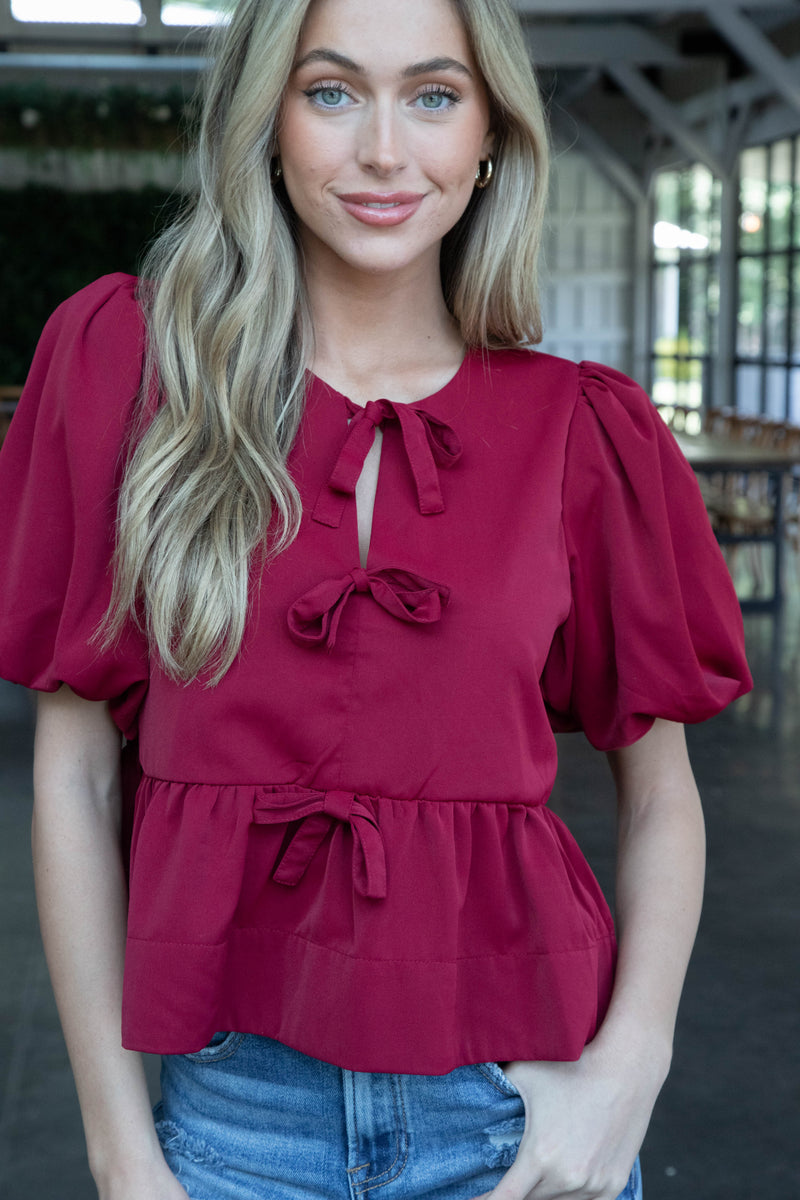 Oaklynn Puff Sleeve Peplum Top, Burgundy