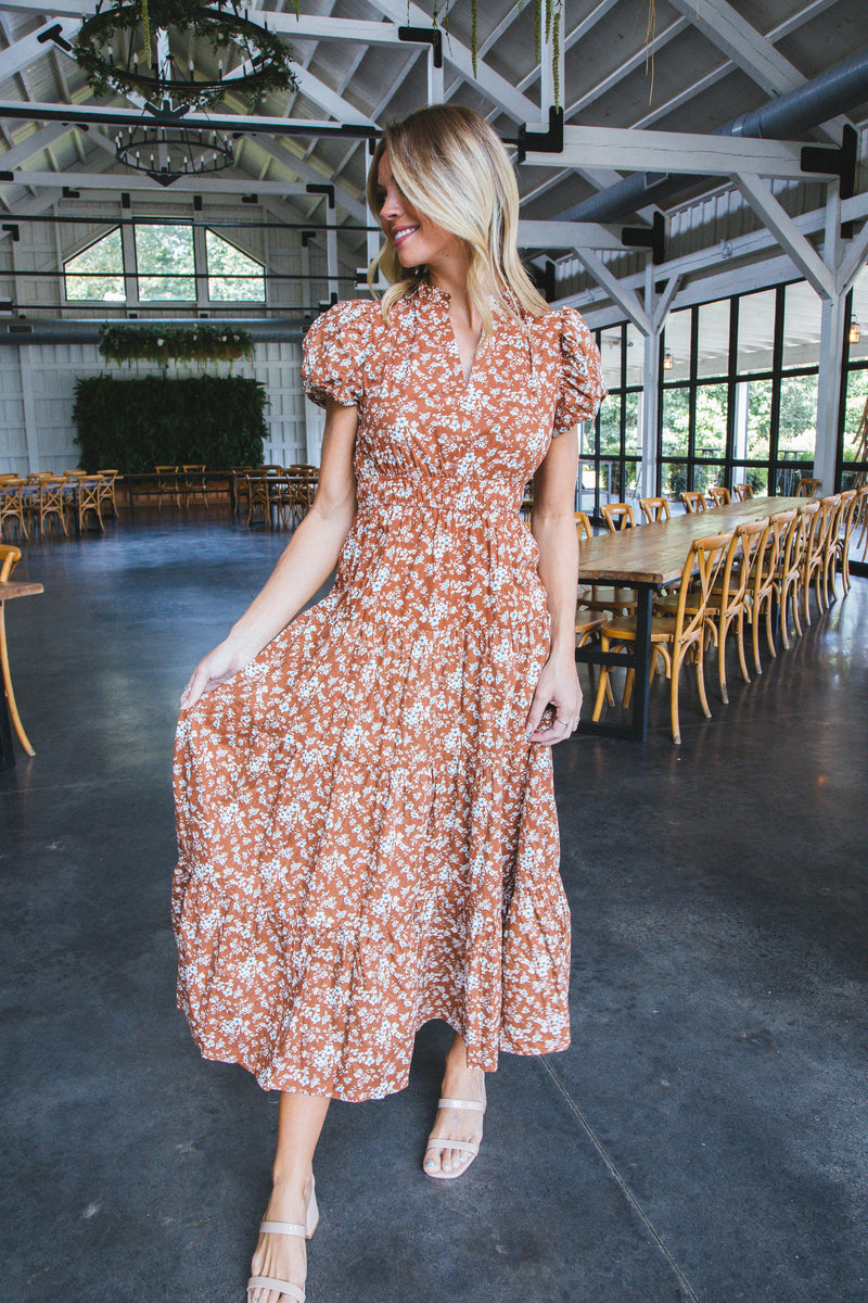 Emelia Puff Sleeve Floral Dress, Chestnut