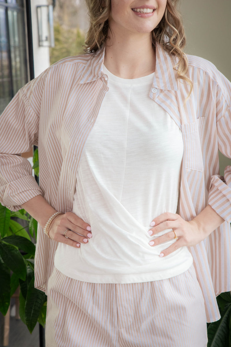 Allison Button Down Striped Shirt, Taupe