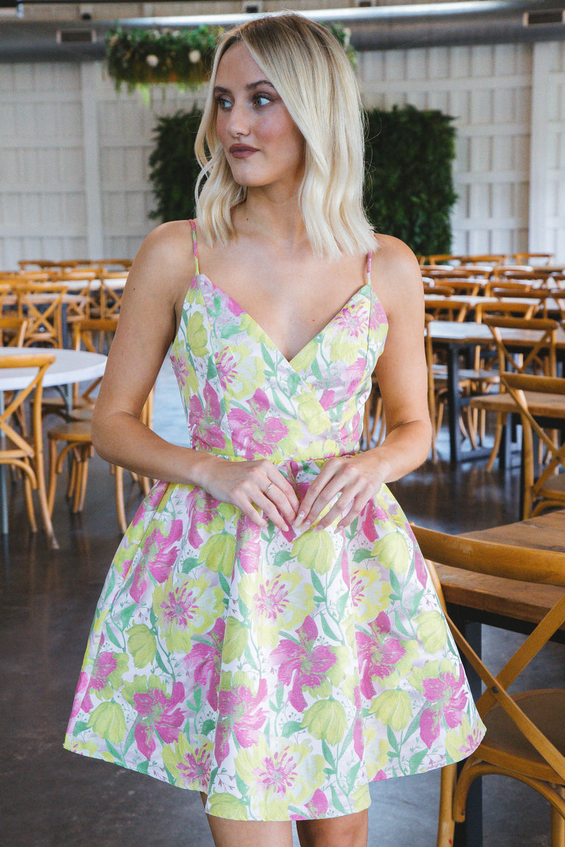 Leila Surplice Mini Dress, Pink/Yellow/Green