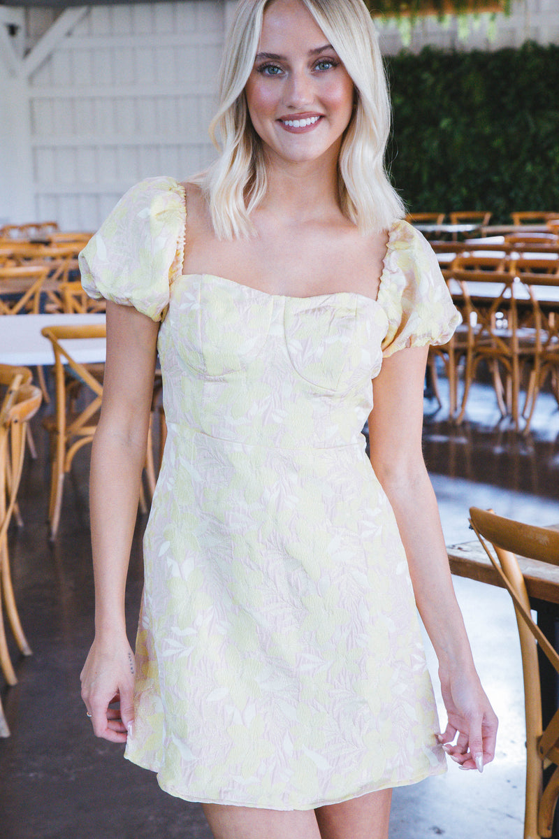 Marissa Puff Sleeve Mini Dress, Beige/Yellow
