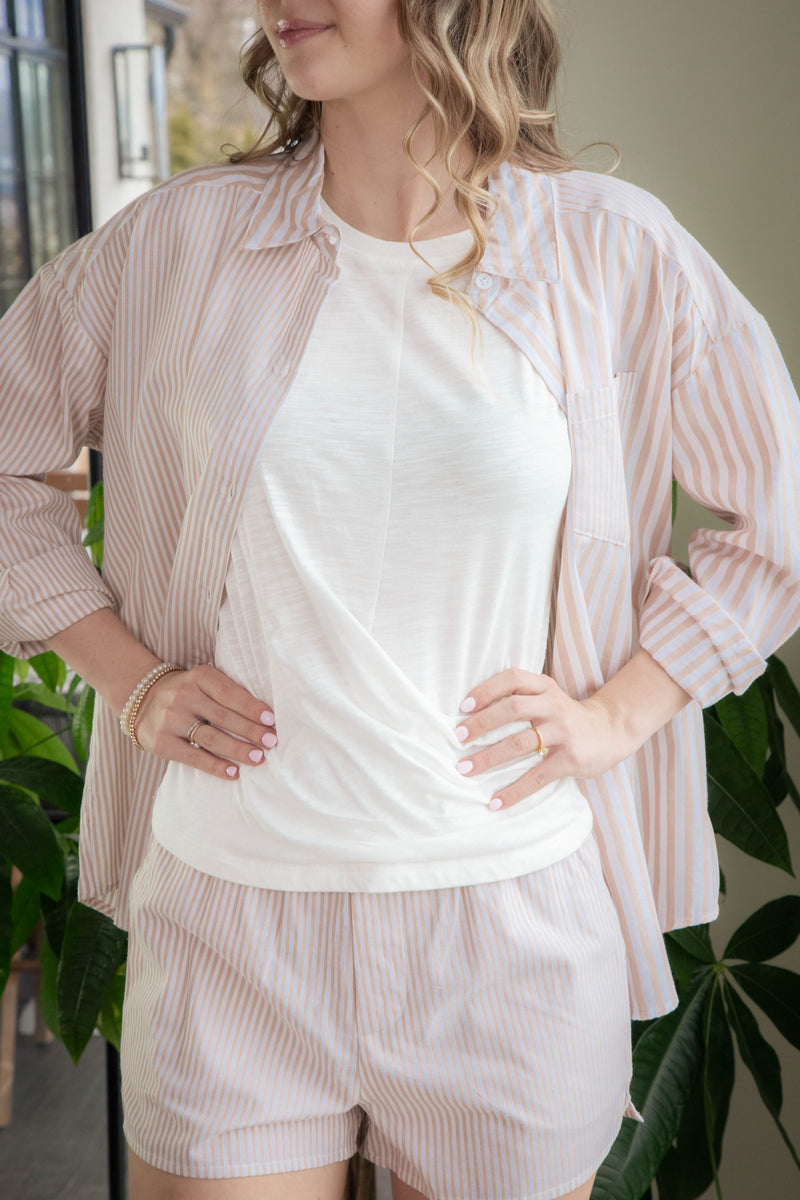 Allison Button Down Striped Shirt, Taupe