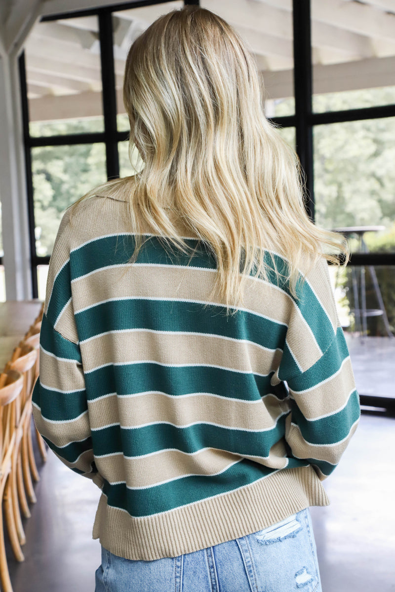 Kiley Striped Polo Sweater, Hunter Green