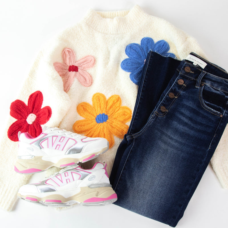 Lacey Floral Applique Sweater, White Multi