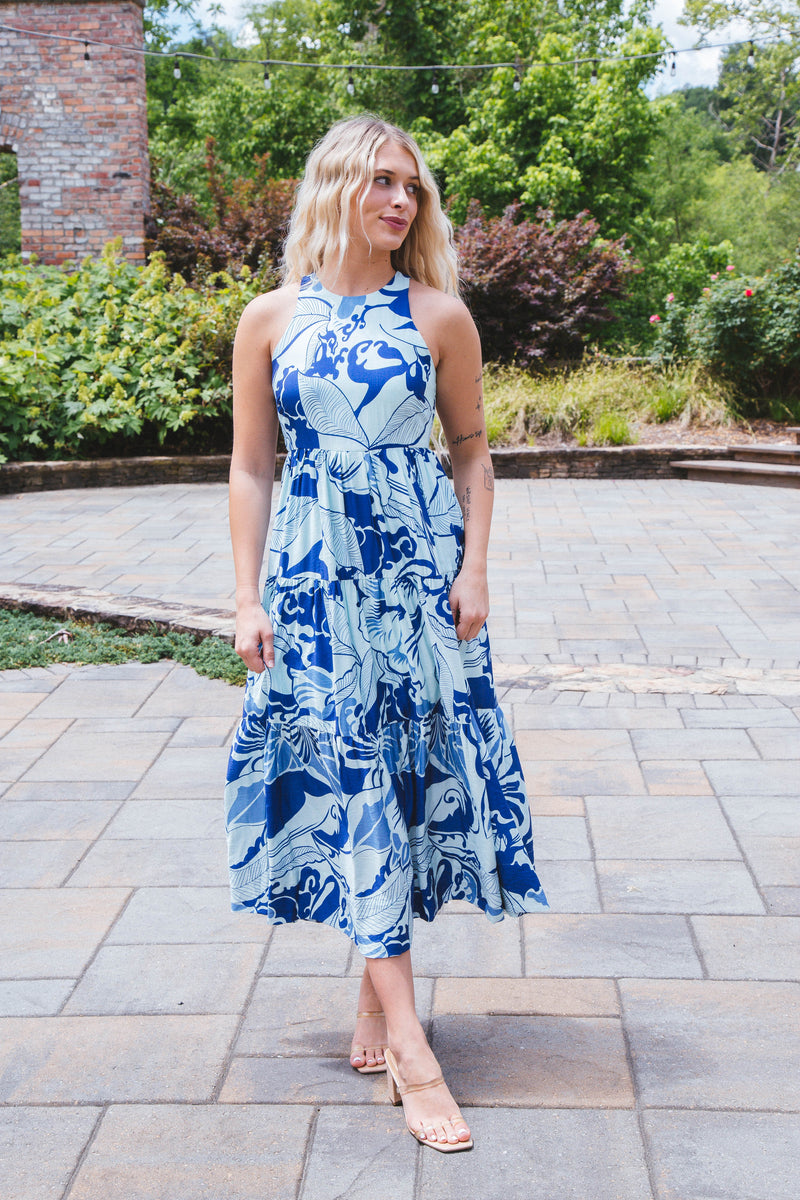 Athena Leaf Print Maxi Dress, Blue