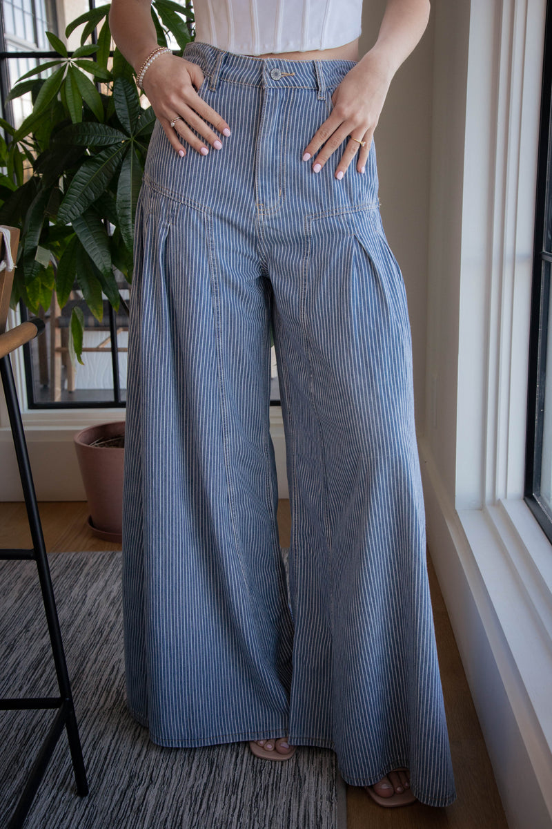 Azari Extra Wide Leg Striped Pants, Light Denim